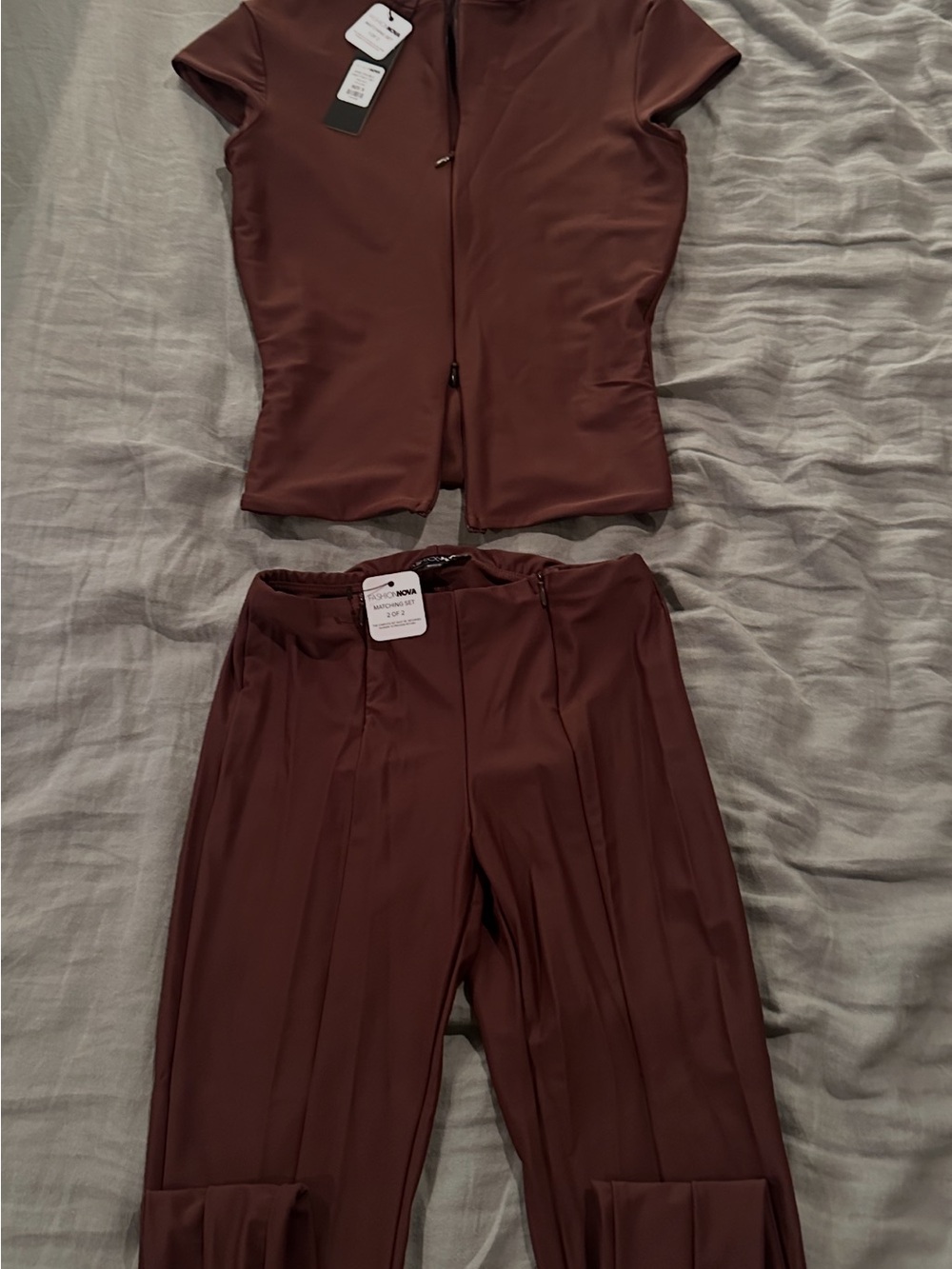 Fashion Nova Chocolate Brown Short-Sleeve Zip Top & High-Waist Pants Set